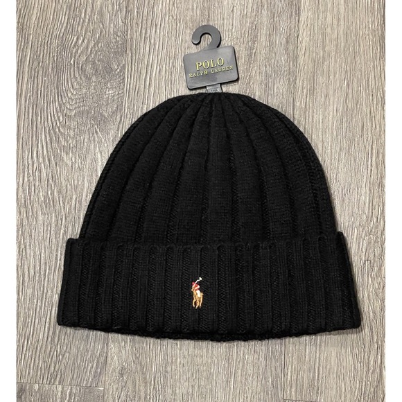 Polo Ralph Lauren Other - Polo Ralph Lauren Beanie Wool Blend Black Cuffed Winter Hat Flesh Pony NEW